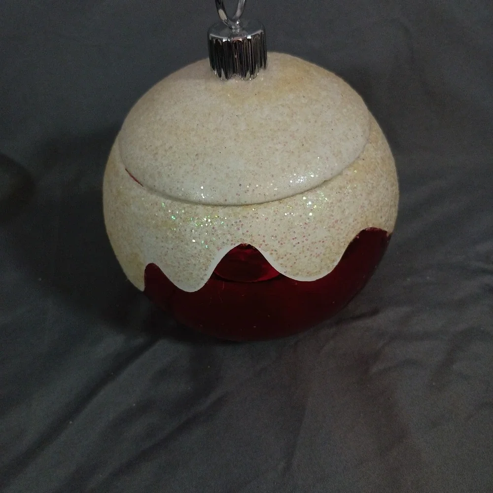 Radko Ornament Jar Red Excellent Glitter Snow Lidded Ceramic Gift
